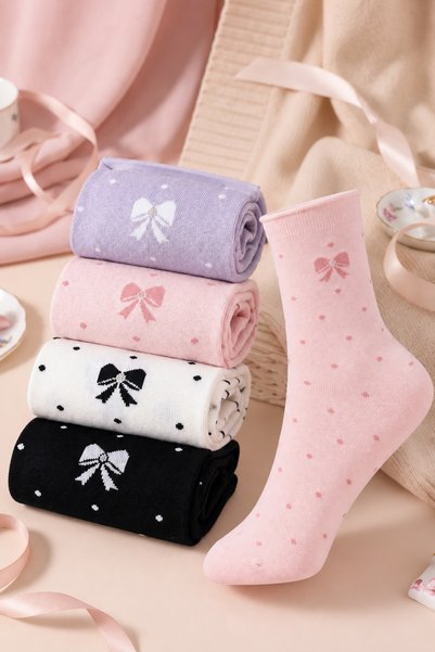 BGK 4 Pairs of Colorful Women's Socks with a Double-Bow Pattern