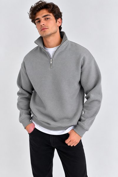 İLKCET MODA Gray Oversize Unisex Sweatshirt with Zipper