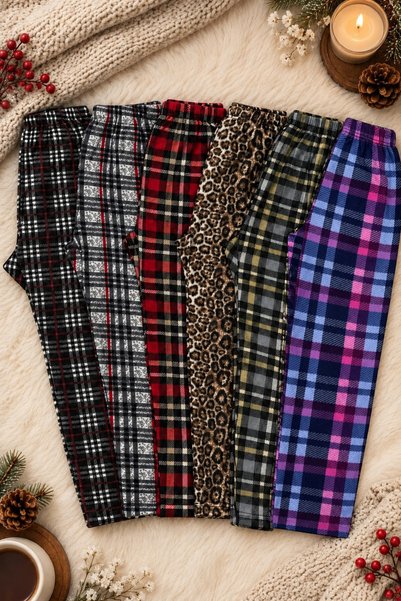 Pi Giyim 6'lı Paket Kadın Kışlık Kalın Polar Pijama Altı - Leopar ve Ekose De...