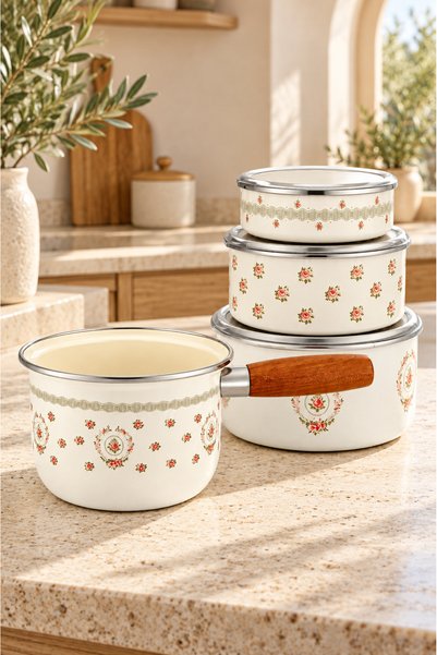 Bonera 2-Piece Enamel Storage Container and Sauce Bowl Set - 7-Piece - Vintag...