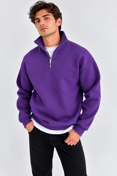 İLKCET MODA Purple Oversize Unisex Sweatshirt with Zipper
