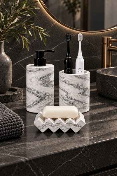 betonmall Set de baie din beton cu model de marmură, 3 bucăți, dozator de săp...