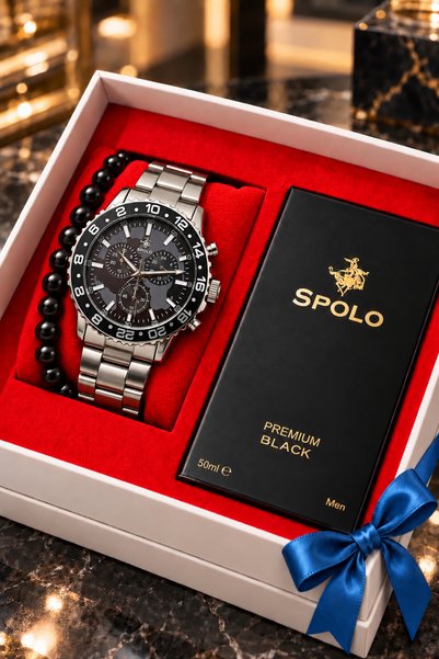S.POLO HEDİYELİK KUTULU ERKEK KOL SAATİ 50ML BLACK PREMIUM ERKEK PARFÜM SEVGİ...