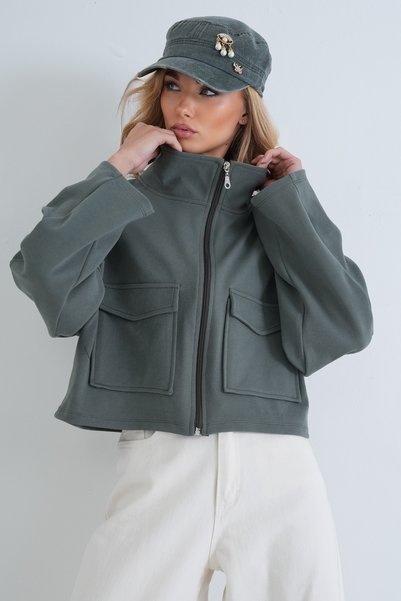 Trend Alaçatı Stili Women's Khaki Stand Collar Double Pocket Raglan Sleeve Ja...