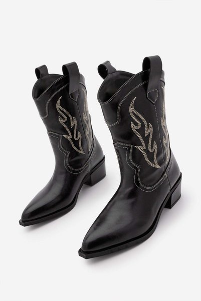 Marjin Women's Pointed Toe Cowboy Embroidered Western Boots Tevlus Black