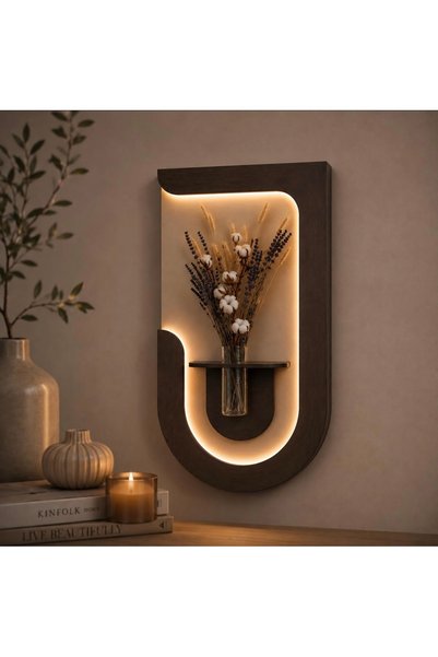 SERENGETI ART AKASYA Dekoratif Duvar Rafı LED Işıklı Ahşap İskandinav Tarzı B...