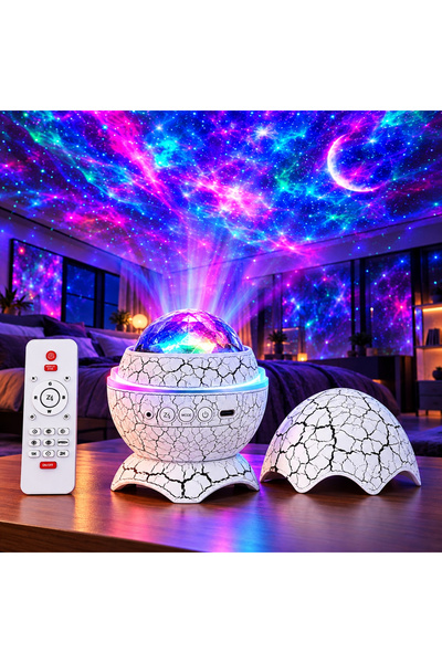 Coverzone Dinozor Yumurtası Galaksi Projektör Bluetooth Hoparlörlü Yıldızlı Gökyüzü Gece Lambası, 14 Renk Modlu, Uzaktan Kumandalı, Doğa Sesli LED Işık, K890