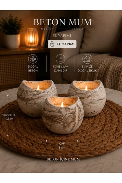 Horizon Home Yuvarlak gold taş dokulu mermer desenli beton mum seti masa süsü...