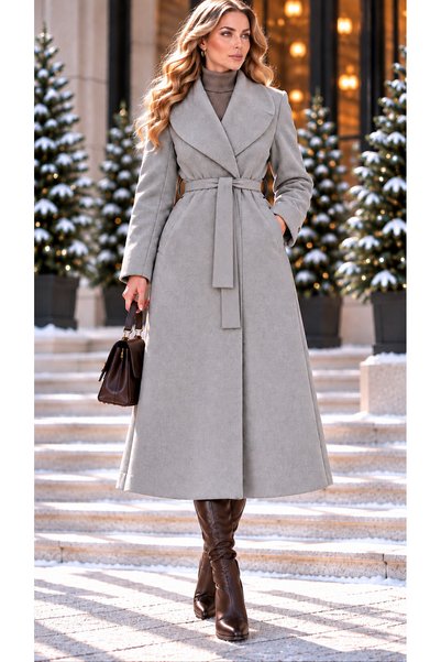 Moda Banuş Kadın Kuşaklı Cepli Yırtmaçlı Astarlı Tüylenmez Kaşe Kaban Gri