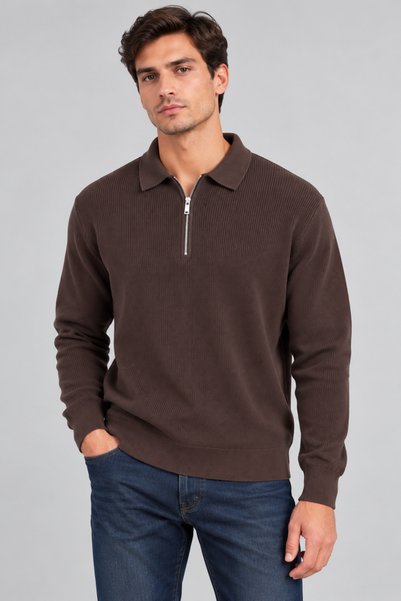 İLKCET MODA Zipper Collar Brown Premium Basic Steel Knitwear Sweater