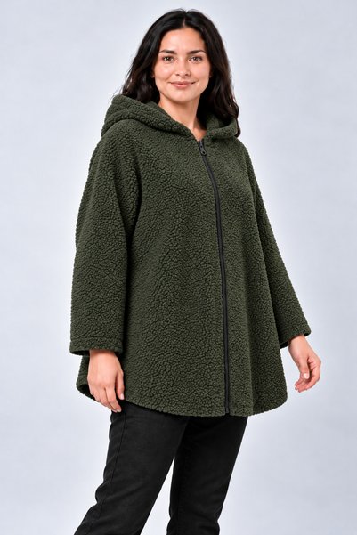 Curvy Trend Büyük Beden Kapşonlu Fermuarlı Sherpa Kuzu Kumaş Ceket