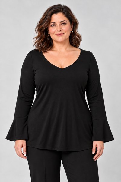 Curvy Trend Büyük Beden V Yaka Volan Kol Viskon Bluz