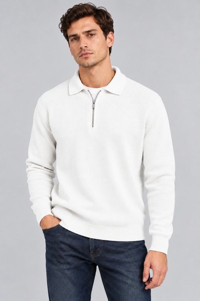 İLKCET MODA Zipper Collar Ecru Premium Basic Steel Knitwear Sweater