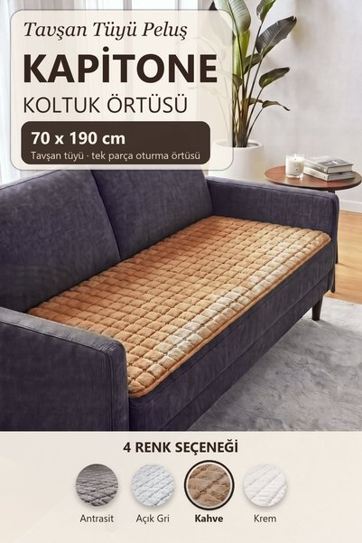 vivamia Peluş Tavşan Tüyü Kaymaz Tabanlı Kapitone Koltuk Örtüsü 70x190 cm Kah...