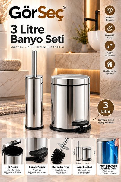 GörSeç 3 Litre Paslanmaz 2'li Banyo Seti Pedallı Çöp Kovası Wc Klozet Tuvalet...