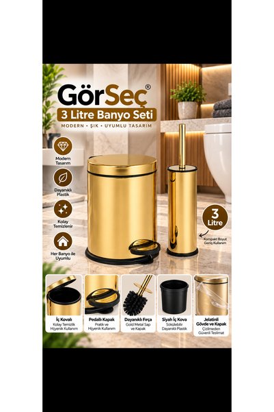GörSeç Elit 3 Litre Gold Banyo Seti Paslanmaz Pedallı Çöp Kovası ve Klozet Fı...