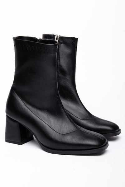 FASHIONLINE RAHAD MODA Birta Siyah Cilt Streç Topuklu Bot 7 CM TOPUK