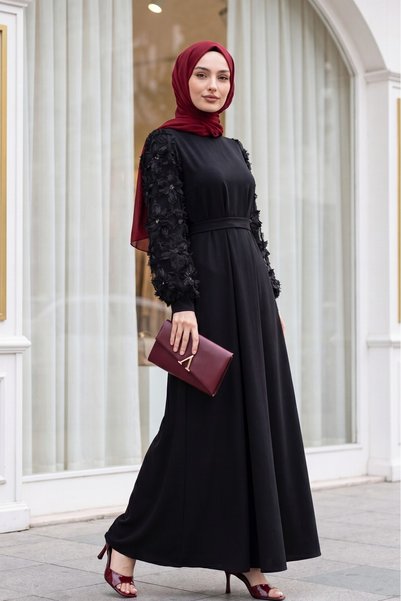 Modamorfo Embossed Floral Tulle Sleeve Belted Dress -black