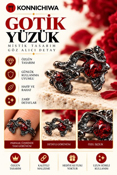 FG KONNİCHİWA Gothic Double Red Stone Black Ring Unisex