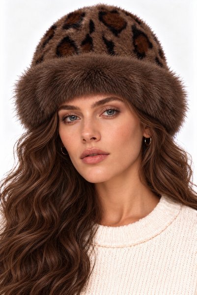 Trend Şapka 14622-2 Leopar Desenli Vizon Kürklü Peluş Kalpak Şapka