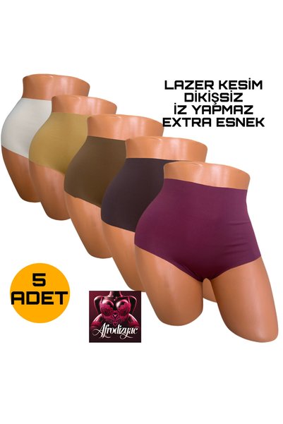 Afrodizyac 5'li Extra Yüksek Bel Lazer Kesim Dikişsiz iz Yapmaz Hayalet Külot...