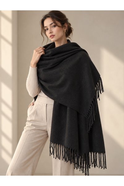 Luminos Butik Siyah 200x70 cm Kadın Yumuşak Dokulu Püsküllü Düz Renk Omuz Şal...