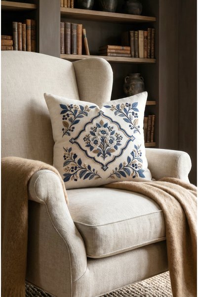 CANİLA غطاء وسادة مربع الشكل مطبوع رقميًا بإطار منقوش من BLUES مقاس 43 × 43 س...