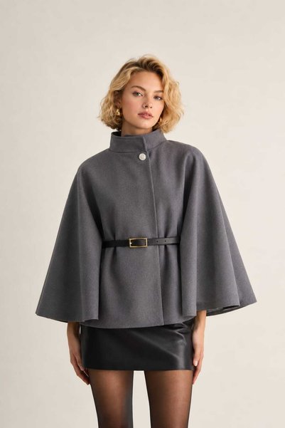 VESS MODA Jachetă tip poncho din melton pentru femei, cu detaliu curea