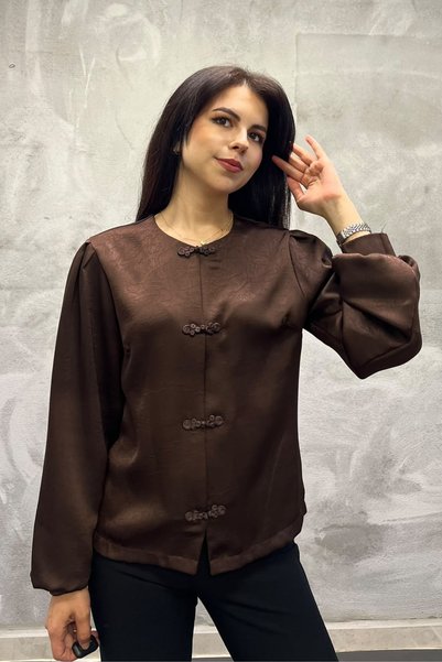 sunfyre Women's Satin Embellished Button-Down Balloon-Sleeve Crew Neck Blouse...