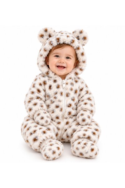mumbino İNDİGO Bebek Unisex Leopar Desenli Peluş Astronot Tulum ve Patik Takımı