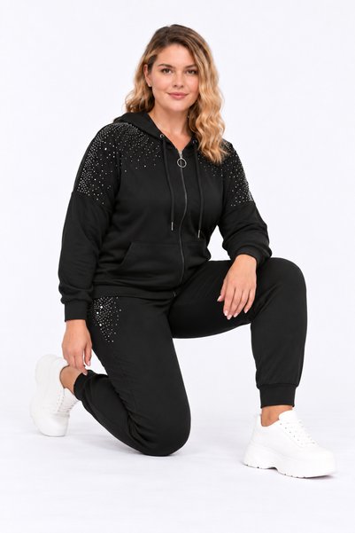 Şans Tekstil Women's Black Front Zippered Stone Detailed Hooded Sweatshirt Tr...