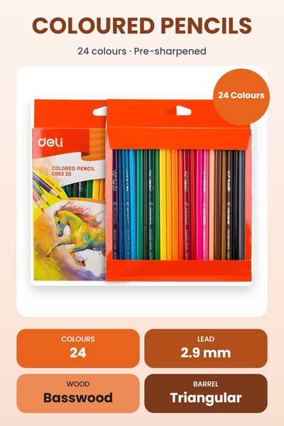 Deli Colored Pencil 24 COLORS EC00320, Triangular Pre-Sharpened