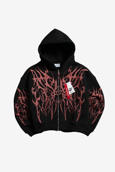 Crupt Studio Inferno Spikes Red Boxy Crop Siyah Erkek Ceket Zip Hoodie