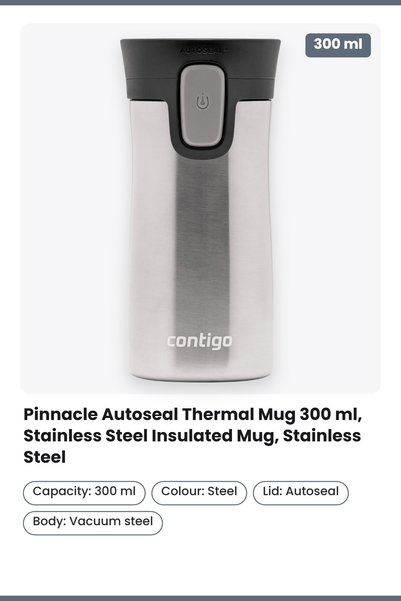 Contigo Pinnacle Autoseal Thermal Mug 300 ml, Stainless Steel Insulated Mug.