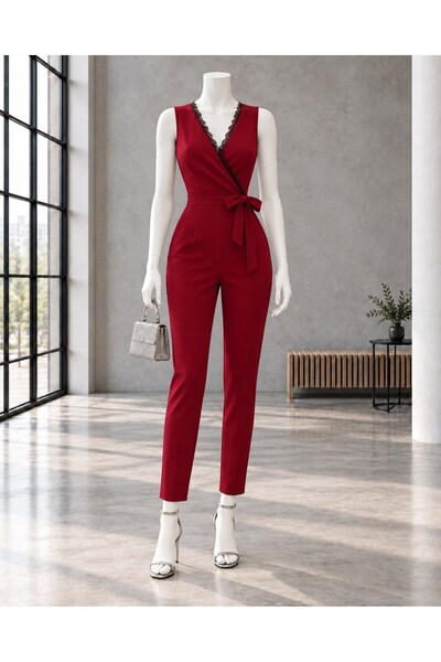Modafeminen Dantelli Yaka Krep Kumaş Tulum 582083 Bordo