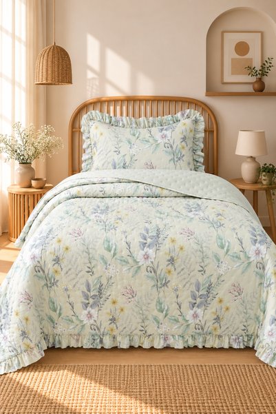 Bikaya Home طقم غطاء سرير فردي منقوش بكشكشة - 180×240 سم - مع حقيبة بي في سي