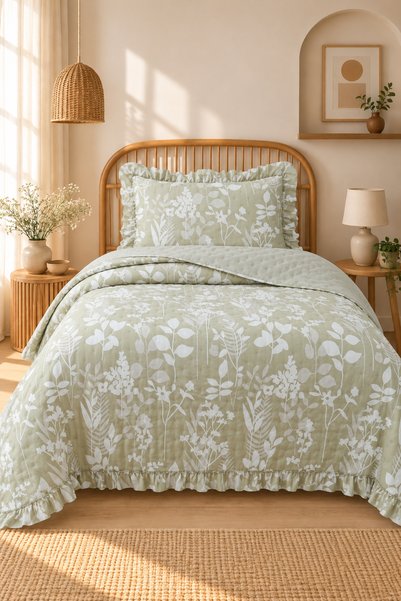 Bikaya Home Ruffled Patterned Single Bedspread Set - 180X240 cm - with Pvc Bag