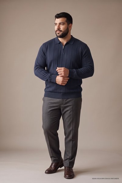 Maccali Erkek Fermuarlı Çizgili Lacivert Büyük Beden Sweatshirt