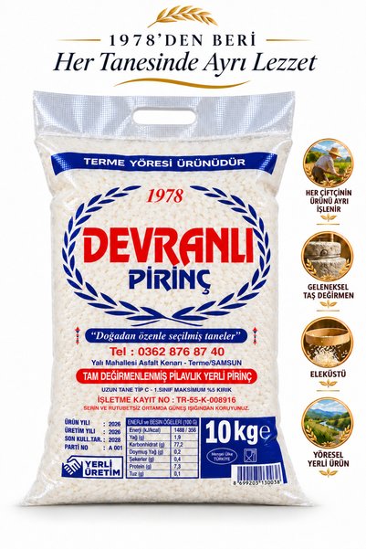 DEVRANLI PİRİNÇ Katkısız Yeni Mahsül Terme Eleküstü İri Tane Pilavlık Yerli P...