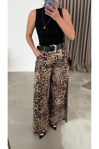 WOMKA Kadın Leopar Desen Kemerli Palazzo Pantolon