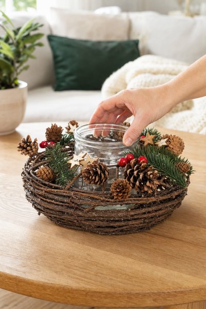 DD SHOP Suport Lumanare Decorativ de Craciun cu Conuri Lemne Vasc Ø23x13cm
