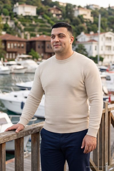 Maccali Erkek Bisiklet Yaka Çizgili Krem Triko Sweatshirt