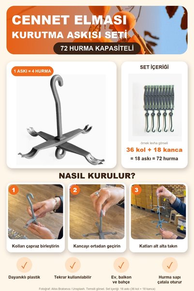 Genel Markalar Cennet Elması Kurutma Askısı 18'li Set 72 Hurma Kapasiteli Gri...