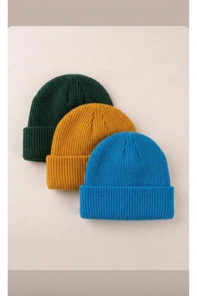 TNR SPORT Unisex Foldable Dark Green-Yellow-Blue 3-Piece Beanie Set