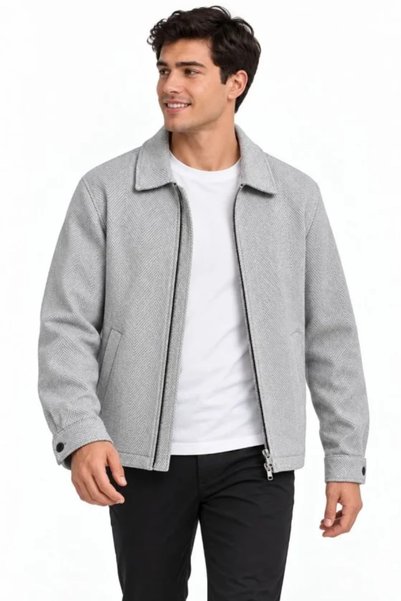 Generic Brand Men's Herringbone-Patterned Cashmere Shirt-Collar Jacket with T...