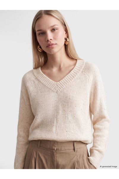 LC Waikiki TWO MT SHOP QUALITY LCW Vision Ecru Knit Plain V-Neck Women's Swea...
