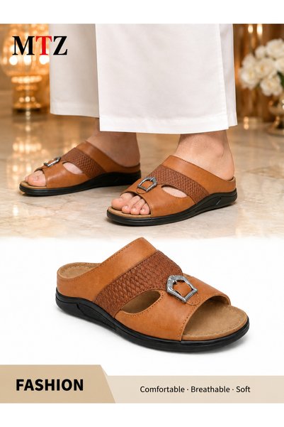 mtz Men's Open Toe Sandals, Slip-On Casual Shoes with Woven Design - Brown
