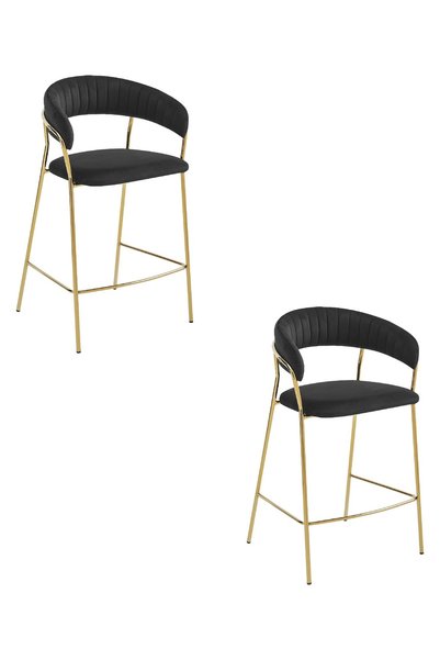 Oskar Scaun de bar BADIA din catifea, negru, set de 2, cu bază de culoare aurie