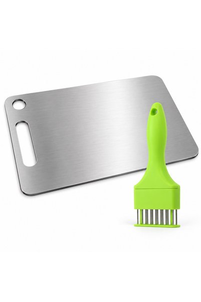 Busstier Countertop Set – Needle Meat Tenderizer and Steel Cutting Board Set