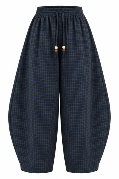 Laluvia Petrol Blue Plaid Barrel Pants - 51473